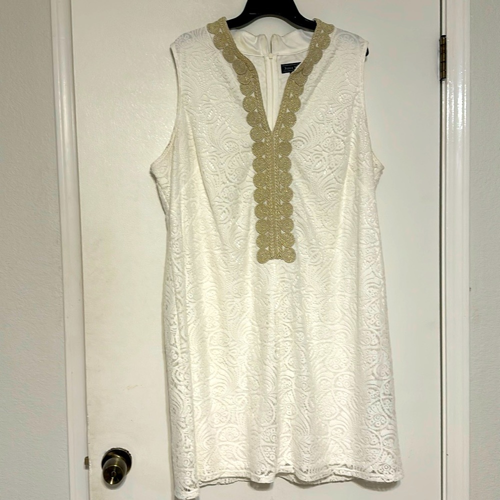 Jessica Howard White Midi Dress with Gold Trim